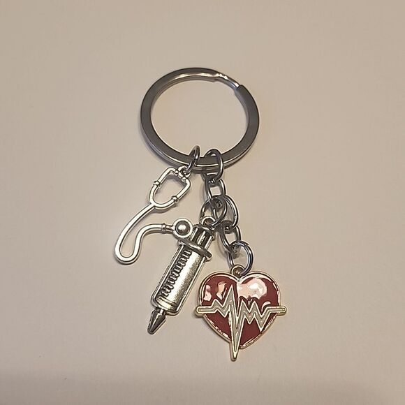 Nurse Keychain Accessory Gift Red Heart Pulse Stethoscope Silver Tone Thank You - Picture 1 of 2
